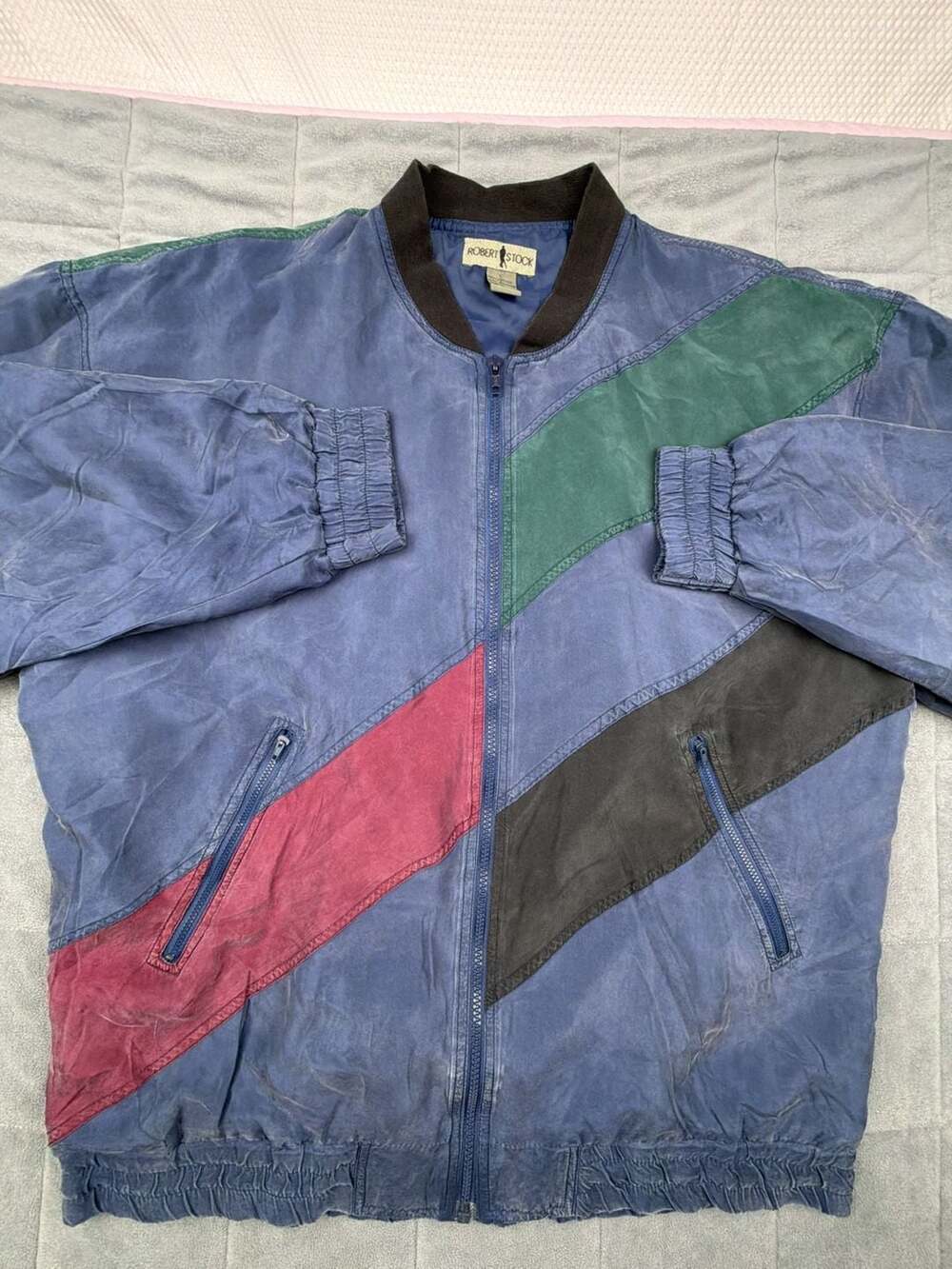Robert Stock Vintage 90s Colorblock Silk Bomber Jacket Blue Green Red Size L